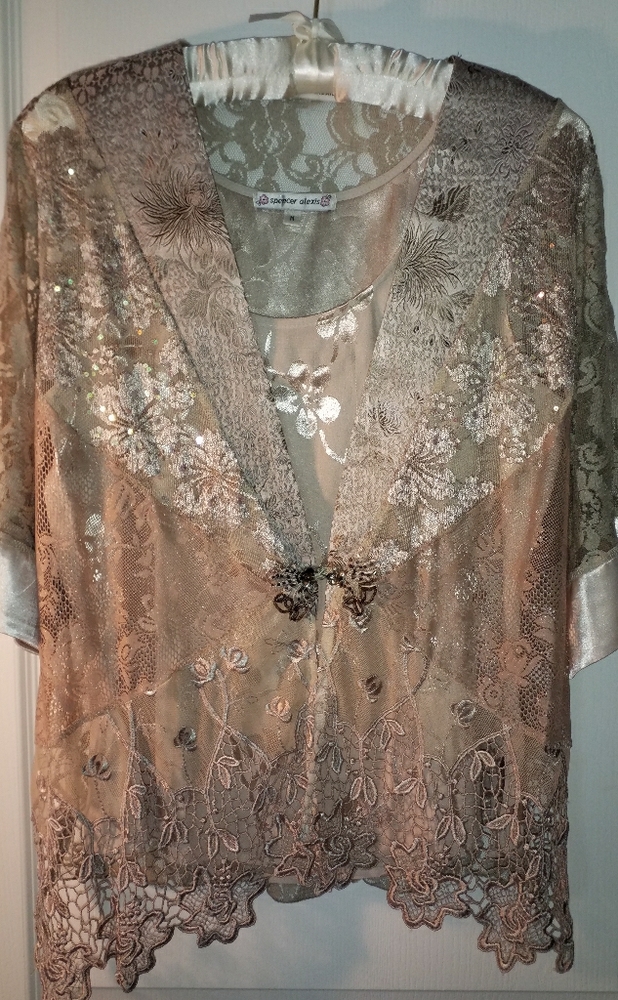 NEW SPENCER ALEXIS 2PCTAUPE LACE JACKET CR SHELL M